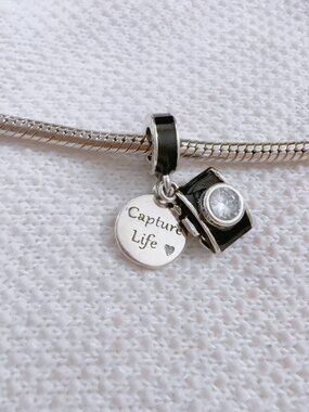 Black Camera Charm Enamel'Capture Life' Dangle Silver Charm For Pandora Bracelet